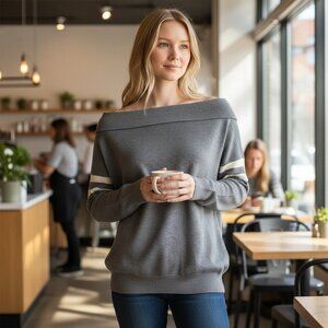 Mustard Seed Off Shoulder Gray Sweater Small — Slouchy Varsity Stripe Knit, Soft